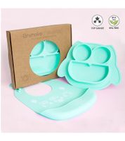 Non-slip Brunoko Silicone Baby Plate 2-in-1 Baby Plate Set with Bib and Catch Tray, BPA-free, Pink or Mint Green
