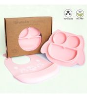 Non-slip Brunoko Silicone Baby Plate 2-in-1 Baby Plate Set with Bib and Catch Tray, BPA-free, Pink or Mint Green