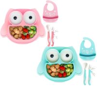 Non-slip Brunoko Silicone Baby Plate 3-in-1 Baby Plate Set + Baby Spoon + Bib with Silicone Catch Tray, BPA-free, Pink or Mint Green