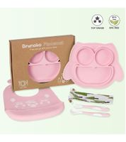 Non-slip Brunoko Silicone Baby Plate 3-in-1 Baby Plate Set + Baby Spoon + Bib with Silicone Catch Tray, BPA-free, Pink or Mint Green