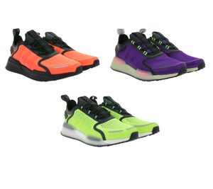 Baskets adidas NMD_V3 sportives : chaussures de running éco-responsables pour hommes et femmes avec amorti BOOST, disponibles en orange/noir, violet/noir/vert ou jaune/noir.