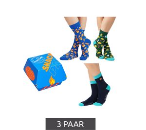 3 Paar Happy Junk Food Damen Baumwoll-Socken mit Essensmotiven Alltags-Strümpfe in Geschenk-Box XJUN08-0100 Blau/Grün/Bunt