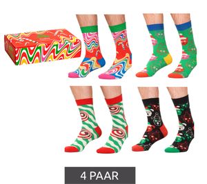 4 paires de chaussettes Happy Socks pour homme, motif canne à sucre psychédélique, en coton, avec imprimé de Noël, chaussettes de tous les jours, présentées dans une boîte cadeau XSAN09-0100 multicolore