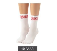 10 Pairs of Comfortable ZWILLINGSHERZ Women's Tennis Socks with Leopard Print - Everyday Socks, Cotton Socks 4603S K248144 White/Pink, White/Red, or White/Blue