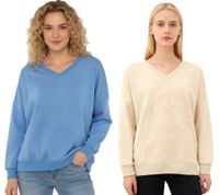 Comfortable ZWILLINGSHERZ Women's Sweatshirt "GOOD VIBES HAPPINESS" with V-Neck 46080 Beige or Blue