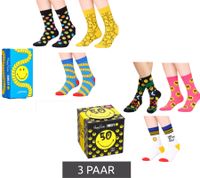 3 Pairs of Happy Socks Unisex Cotton Socks Value Pack with Smiley Print Everyday Socks in Gift Box Yellow/Black/Blue or Black/Pink/White