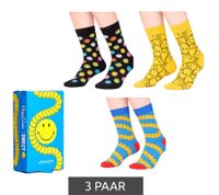 3 Pairs of Happy Socks Unisex Cotton Socks Value Pack with Smiley Print Everyday Socks in Gift Box Yellow/Black/Blue or Black/Pink/White