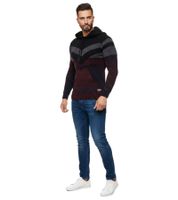 Sportlicher Herren Strick Kapuzen-Pullover im Colorblock Design Sweater mit Kängurutasche Hoodie 13311 Weinrot/Schwarz