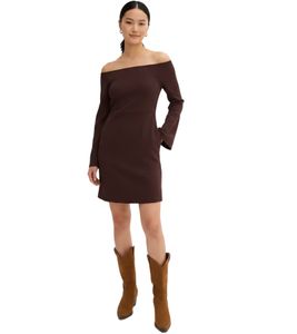 Abito da donna con spalle scoperte, scollo in crêpe testurizzato, maniche lunghe, abito casual 925514 Marrone