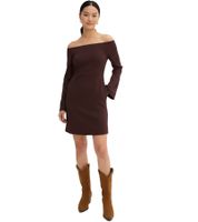 Abito da donna con spalle scoperte, scollo in crêpe testurizzato, maniche lunghe, abito casual 925514 Marrone