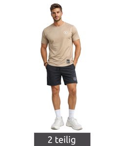 Ensemble de sport 2 pièces ON THAT ASS Bolt pour homme, tenue de gym avec t-shirt et short, coloris camel/noir