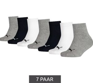 Lot de 7 paires de chaussettes PUMA Kids en coton mi-mollet pour filles et garçons, coutures plates, référence 701222092 002, coloris noir/blanc/gris