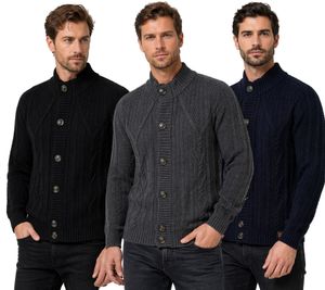 Classic Men's Chunky Knit Cardigan with Stand-Up Collar and Button Placket - Textured Cardigan 13401 - Black, Navy, or Gray