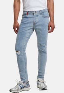Cómodos pantalones vaqueros de hombre 2Y Premium, corte ajustado, elásticos, con cremallera y de algodón azul.