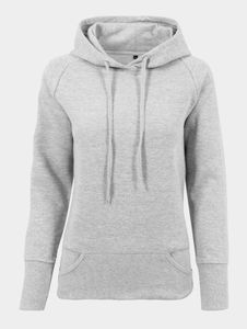 Sudadera con capucha Soft Build Your Brand para mujer con bolsillos, puños acanalados, algodón de 280 g/m², gris.