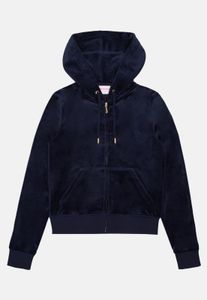 Modern Juicy Couture women's hoodie with zipper and ribbed cuffs, navy