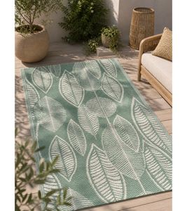 Modern Outdoor Rug with Leaf Pattern Design, Garden Rug, Decorative Rug, Approx. 90 x 150 cm, Green/White