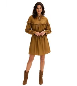 Delicate women's tunic dress in flowing viscose with ruffles and tie belt 906791 Brown