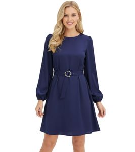 Flared Women's Mini Dress with Ruching and Belt - Sustainable Business Dress 935854 Dark Blue