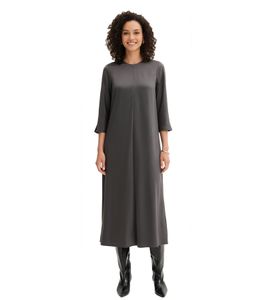 Elegant Women's Midi Dress in Shiny Satin with Decorative Seam, 3/4 Sleeve, Gray 921267