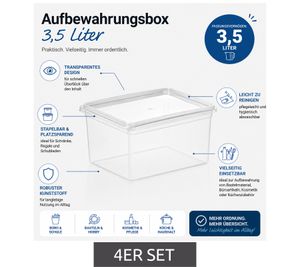 Set of 4 plast team Storage Boxes, 3.5 Liters, Stackable Storage Containers with Lids, 8042228, Transparent/White