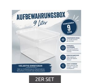 Set of 2 plast team Storage Boxes, 9 Liters, Stackable Storage Boxes with Lids 8031230 Transparent/White