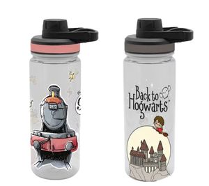 Harry Potter Trinkflasche „Back to Hogwarts“ oder „Hogwarts Express“ 700 ml mit Schraubdeckel im magischen Design Transparent/Schwarz/Grau oder Transparent/Rosa