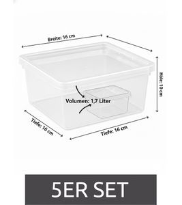 Set of 5 Plast Team Storage Boxes – 1.7 Liters Capacity Each – Stackable Storage Bins with Lids (8360926) – Transparent/White