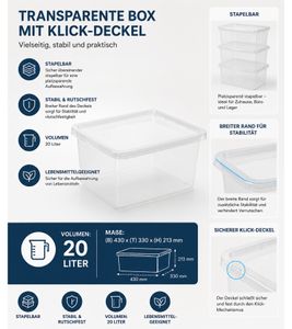 plast team Aufbewahrungsbox Basic 20 Liter Stapelbare Vorratsboxen mit Deckel Stapel-Box 8364232 Weiß/Transparent