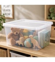 plast team Basic Storage Box 20 Liters – Stackable Storage Container with Lid (Stacking Box 8364232) – White/Transparent