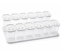Set di 12 Barattoli Portaspezie in Plastica con Coperchi e 2 Supporti Contenitori da 250 ml per Spezie Erbe Aromatiche Pepe e Sale Trasparente/Bianco