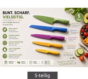 DR Home Division – Set da cucina da 5 pezzi con utensili e coltelli, completo di coprilama – Coltelli in acciaio inossidabile con rivestimento antiaderente – 9857684 – Multicolore