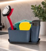 Organizzatore per lavello con pratico foro di scarico - Contenitore per utensili da cucina - Bianco/Grigio o Blu/Grigio