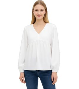 Elegante camicetta da sera a maniche lunghe con scollo a V e volant, modello 925799, colore bianco