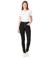 Pantalones vaqueros ajustados de sarga elástica con botones para mujer, de algodón, 946144, color negro