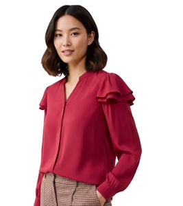 Blusa de manga larga para mujer con mezcla de seda 927834 Roja