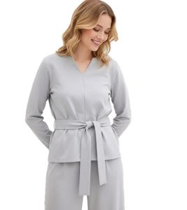 Damen Langarm-Shirt mit breitem Bindeband aus Viskose-Mix Freizeit-Pullover 929960 Grau