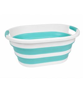 Faltbarer Wäschekorb 26 Liter Platzsparender Wäschebehälter mit Griffen Blau/Weiß