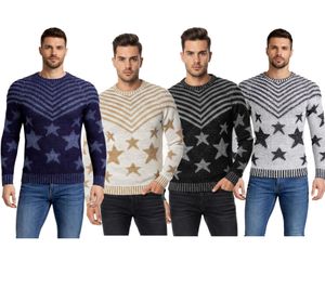 Modischer Herren Rundhals-Pullover im "USA Stars & Stripes"-Design Strick-Sweater 6263 in Blau, Beige, Schwarz oder Grau