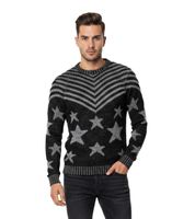 Modischer Herren Rundhals-Pullover im "USA Stars & Stripes"-Design Strick-Sweater 6263 in Blau, Beige, Schwarz oder Grau