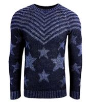 Modischer Herren Rundhals-Pullover im "USA Stars & Stripes"-Design Strick-Sweater 6263 in Blau, Beige, Schwarz oder Grau