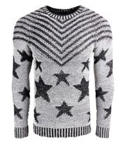 Modischer Herren Rundhals-Pullover im "USA Stars & Stripes"-Design Strick-Sweater 6263 in Blau, Beige, Schwarz oder Grau