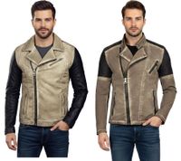 Lässige Herren Biker-Jacke Washed Design mit Kunstleder Ärmeln Slim Fit Übergangs-Jacke in Beige oder Camel