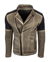 Lässige Herren Biker-Jacke Washed Design mit Kunstleder Ärmeln Slim Fit Übergangs-Jacke in Beige oder Camel