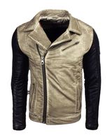 Lässige Herren Biker-Jacke Washed Design mit Kunstleder Ärmeln Slim Fit Übergangs-Jacke in Beige oder Camel