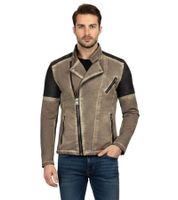 Lässige Herren Biker-Jacke Washed Design mit Kunstleder Ärmeln Slim Fit Übergangs-Jacke in Beige oder Camel