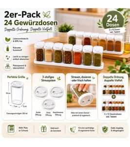24-teiliges Gewürzstreuer-Set aus Kunststoff mit Deckel und Halterungen 250 ml je Gewürzbehälter für Gewürze, Kräuter, Pfeffer und Salz transparent/weiß