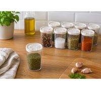 24-teiliges Gewürzstreuer-Set aus Kunststoff mit Deckel und Halterungen 250 ml je Gewürzbehälter für Gewürze, Kräuter, Pfeffer und Salz transparent/weiß