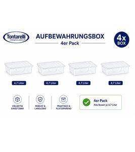 Juego de 4 cajas de almacenamiento Tontarelli, 4,7 litros de capacidad cada una, apilables con tapa, 32,7 x 19 x 19 cm, transparentes/blancas