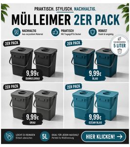 2-Pack Organic Waste Bins (5 Liters) with Carry Handle – Household Waste Bin (24 x 16 x 15 cm) – Grey, Blue, or Blue/Grey